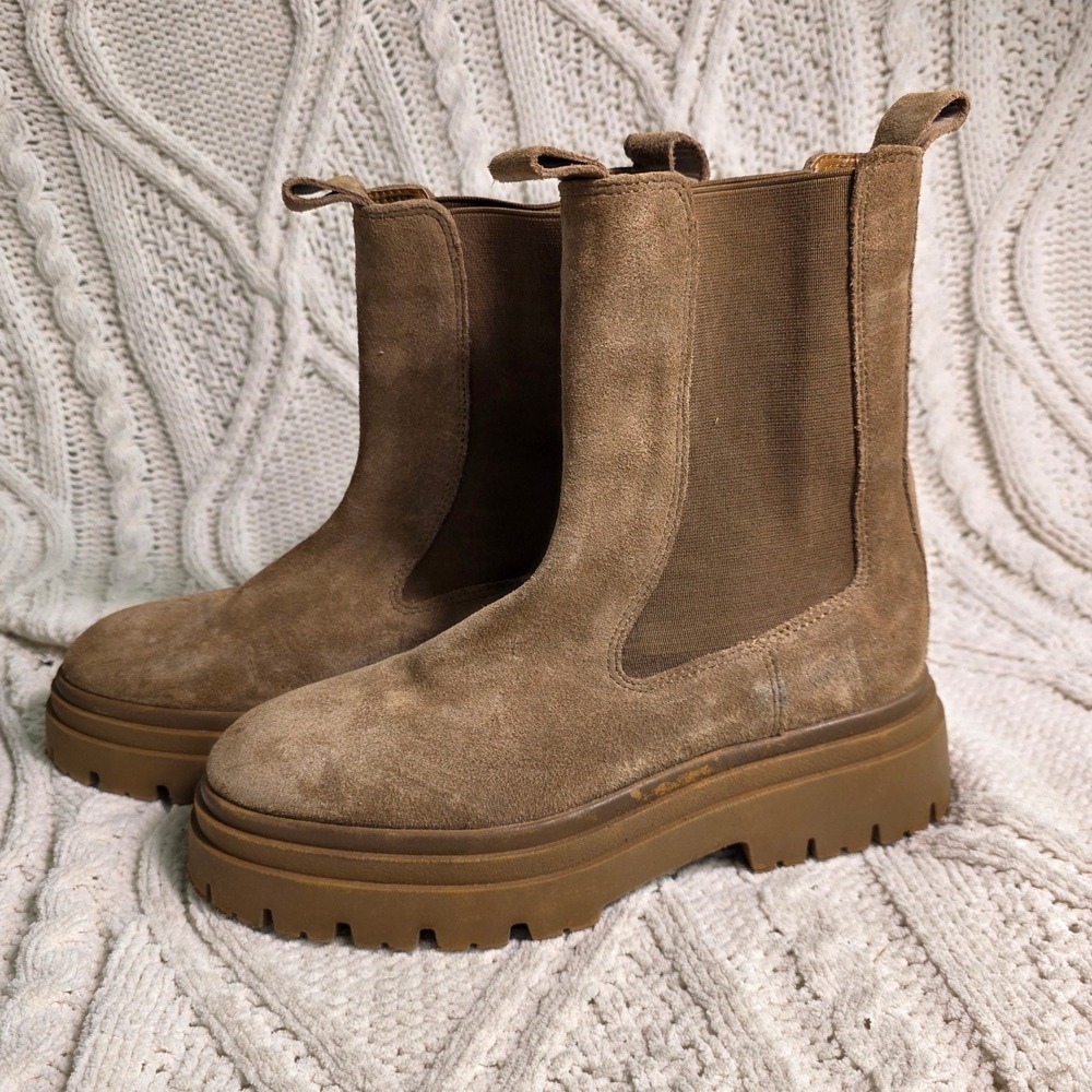 ZARA Lug Sole Suede Chelsea Boots Platform Mid Calf Chunky Brown Women 37 6